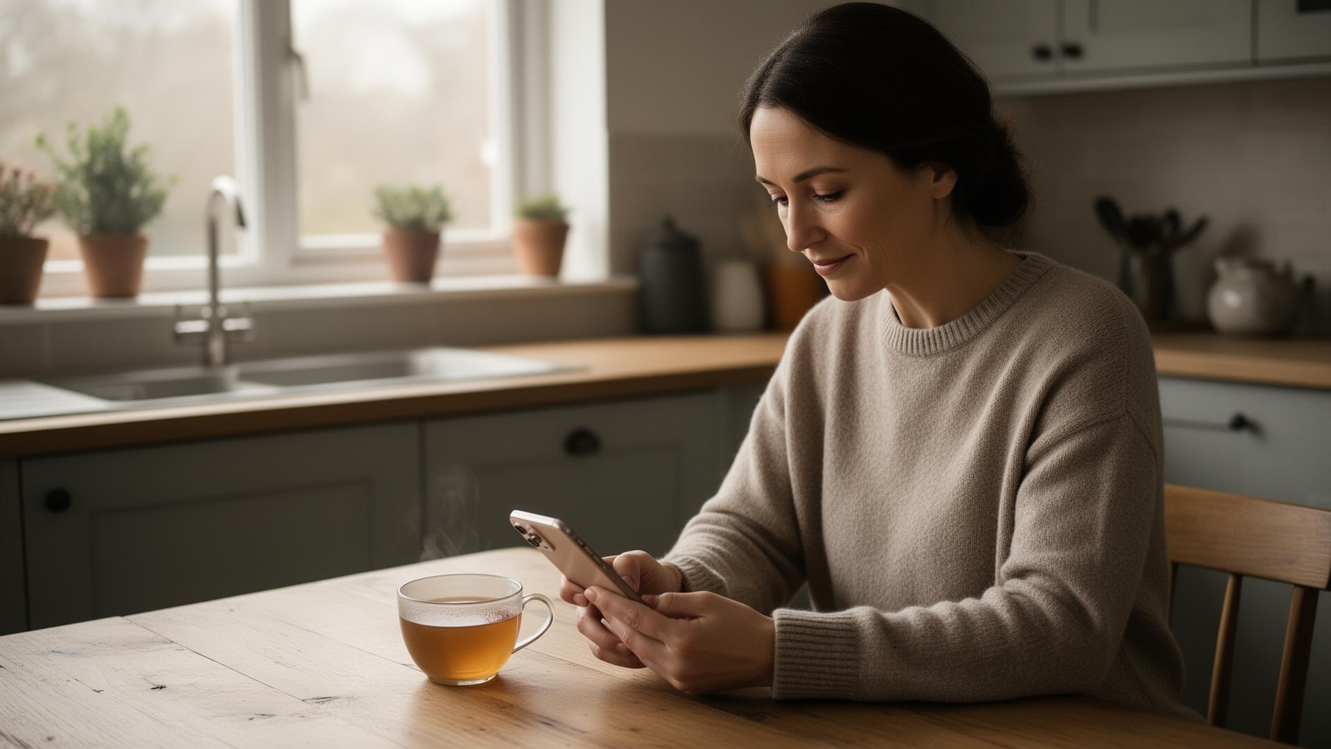 A UK woman in her thirties at a kitchen table with a cup of tea, reviewing her household plan on a phone in morning light.