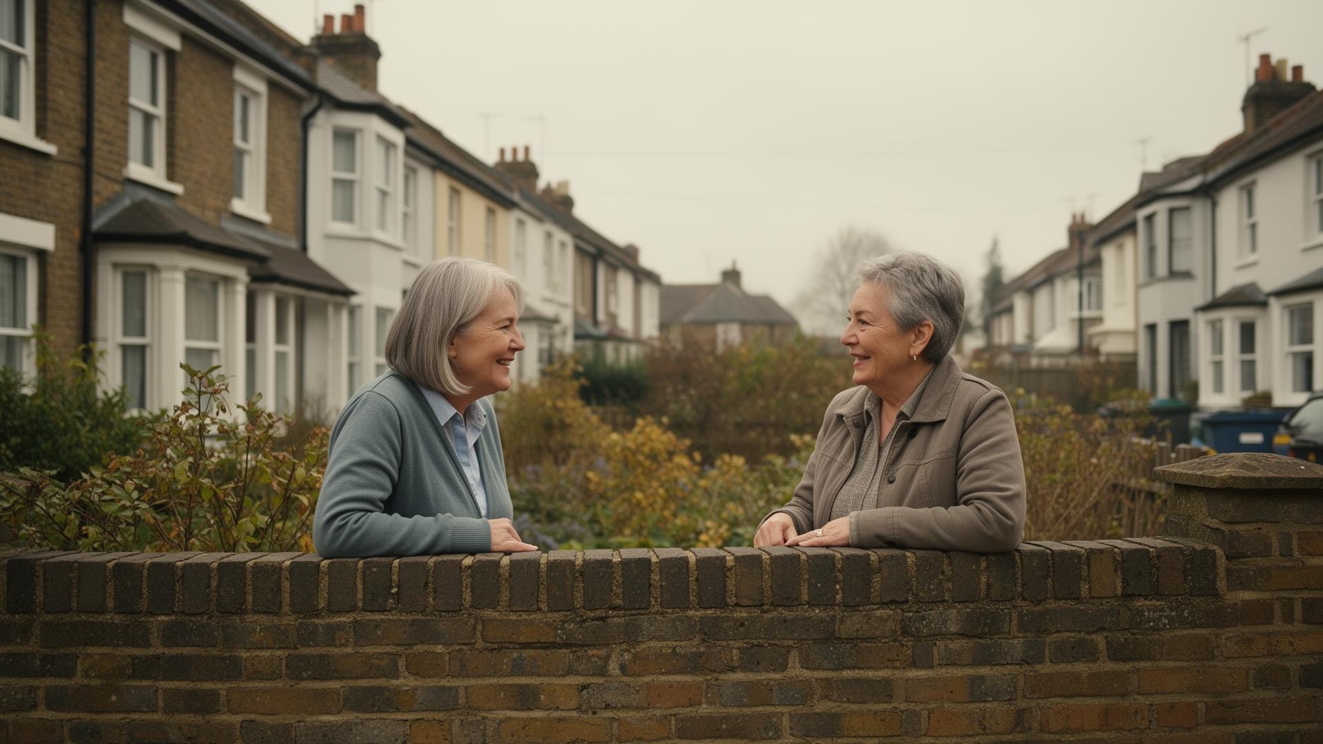 Two UK neighbours in their fifties talking across a garden wall in a residential street.