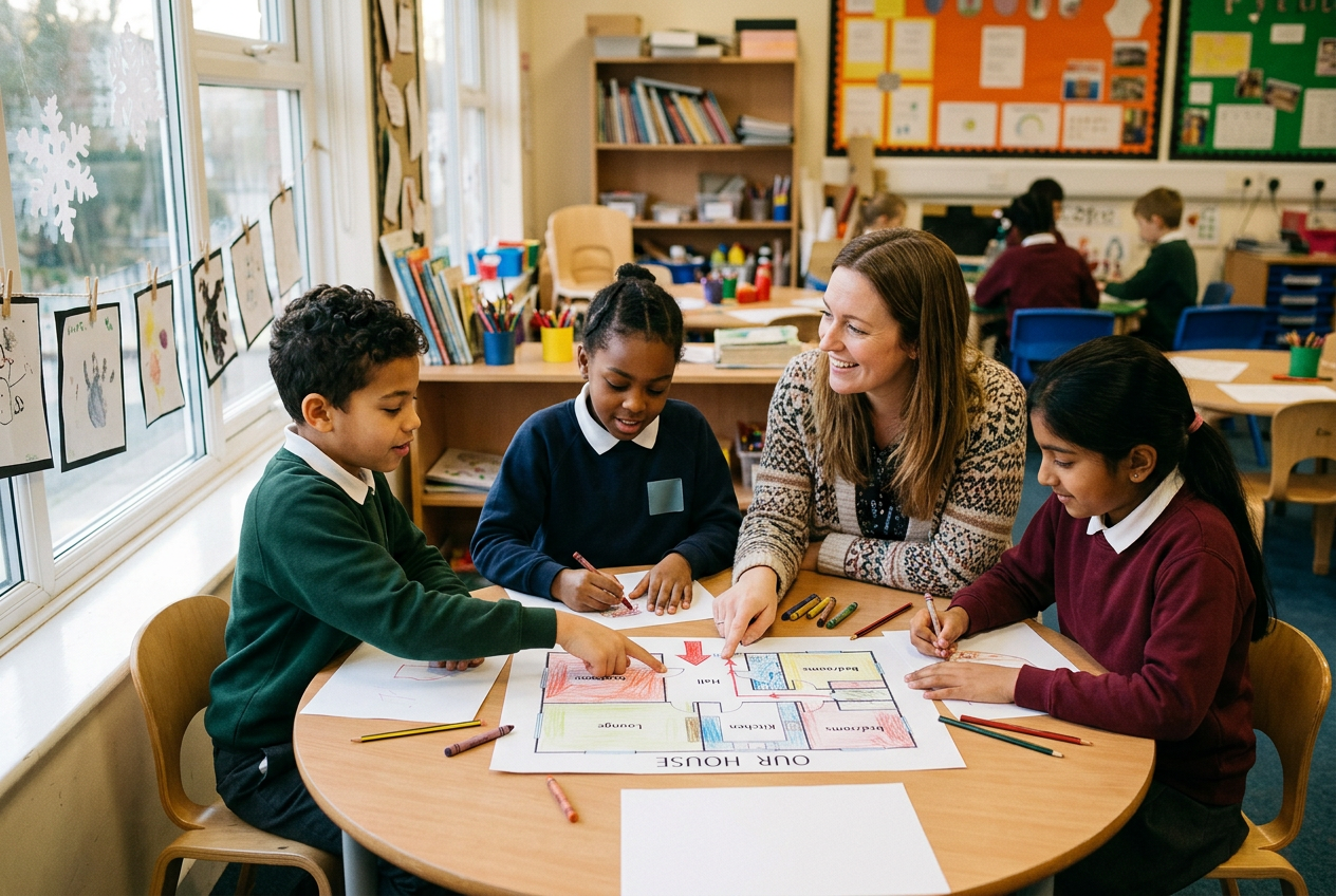 Three UK primary-school children drawing a household floor plan with a teacher's help in a bright classroom.