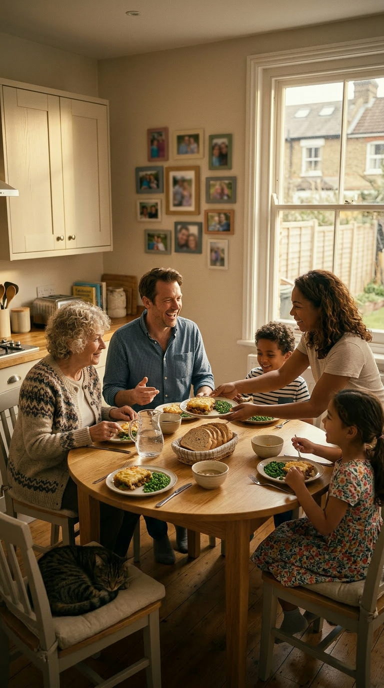 A multi-generational UK family reviewing their household emergency plan together at a kitchen table.
