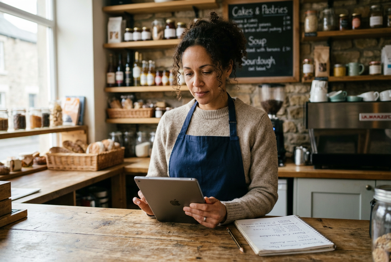 A UK cafe owner in her forties reviewing her business continuity plan on a tablet behind her counter in morning light.